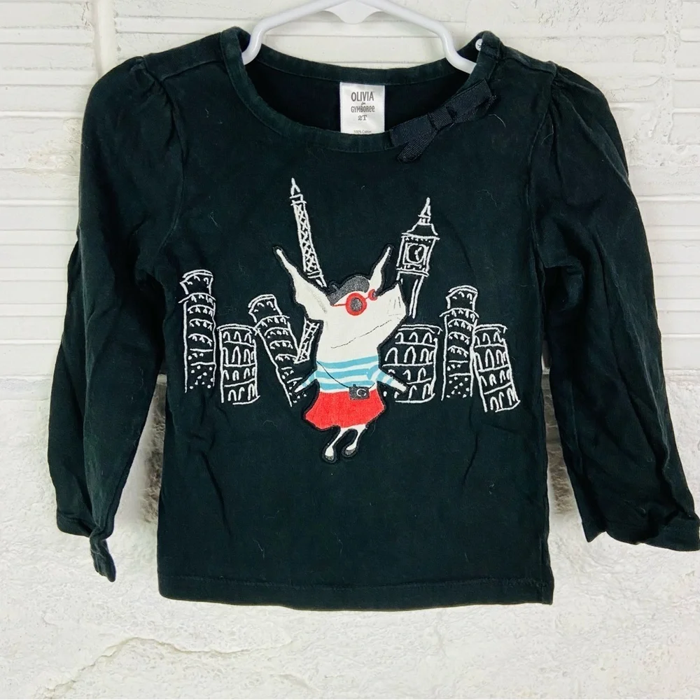 Olivia for Gymboree Black Long Sleeve cotton Tee with Cityscape Design SZ 2T